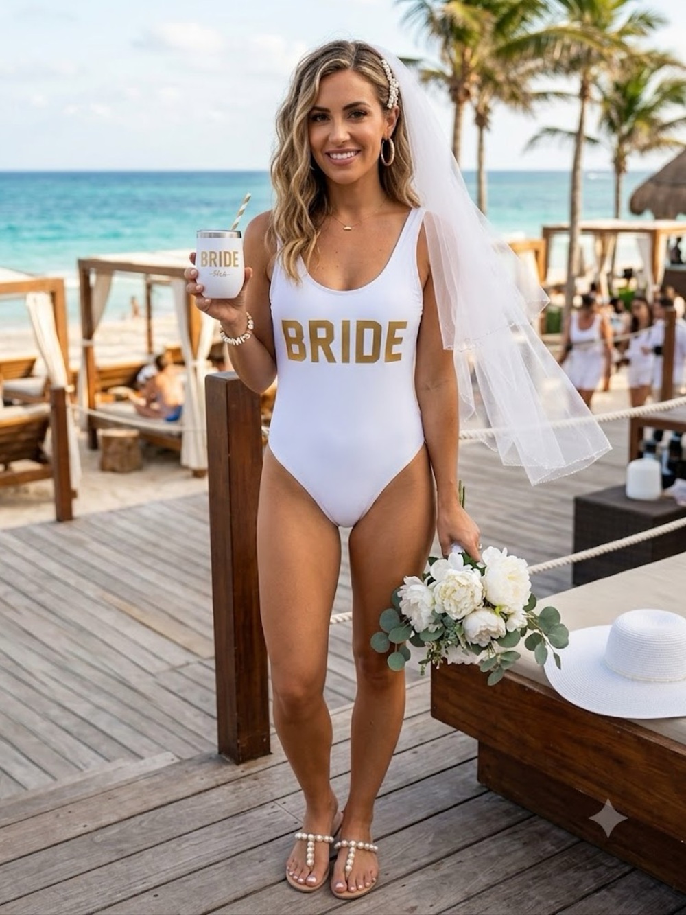 AMAZON White Bride Bathing Suit Bachelorette Swimsuit- Size S